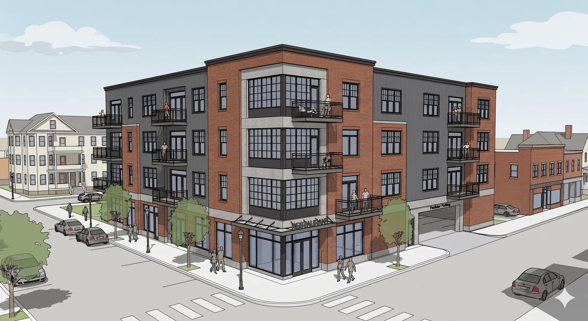 Architectural rendering of a four-story brick building at the corner of Oxford and Cedar streets, daytime.
